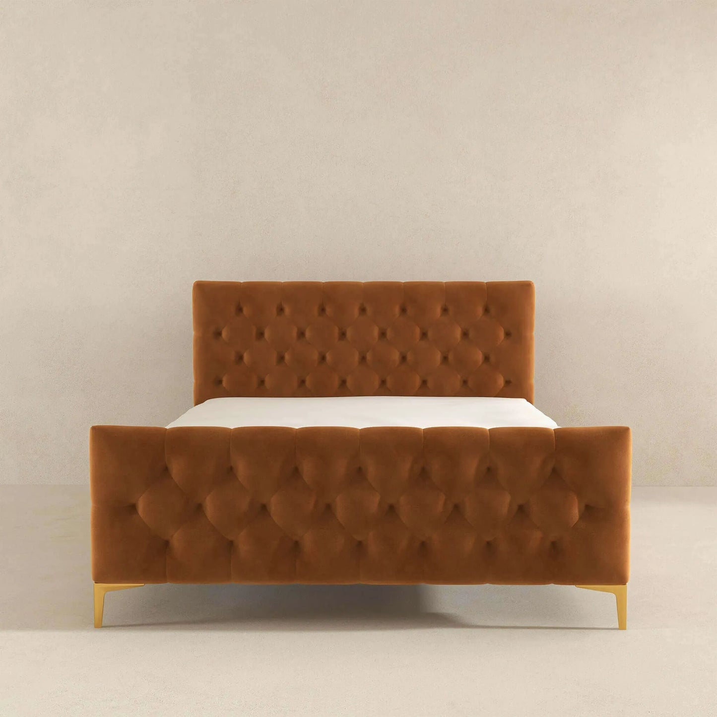 Modern tufted brown velvet bed frame in minimalist bedroom, FredCo International furniture