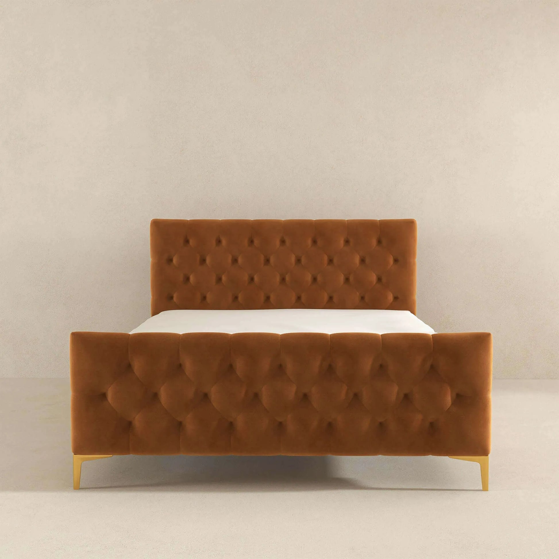 Modern tufted brown velvet bed frame in minimalist bedroom, FredCo International furniture