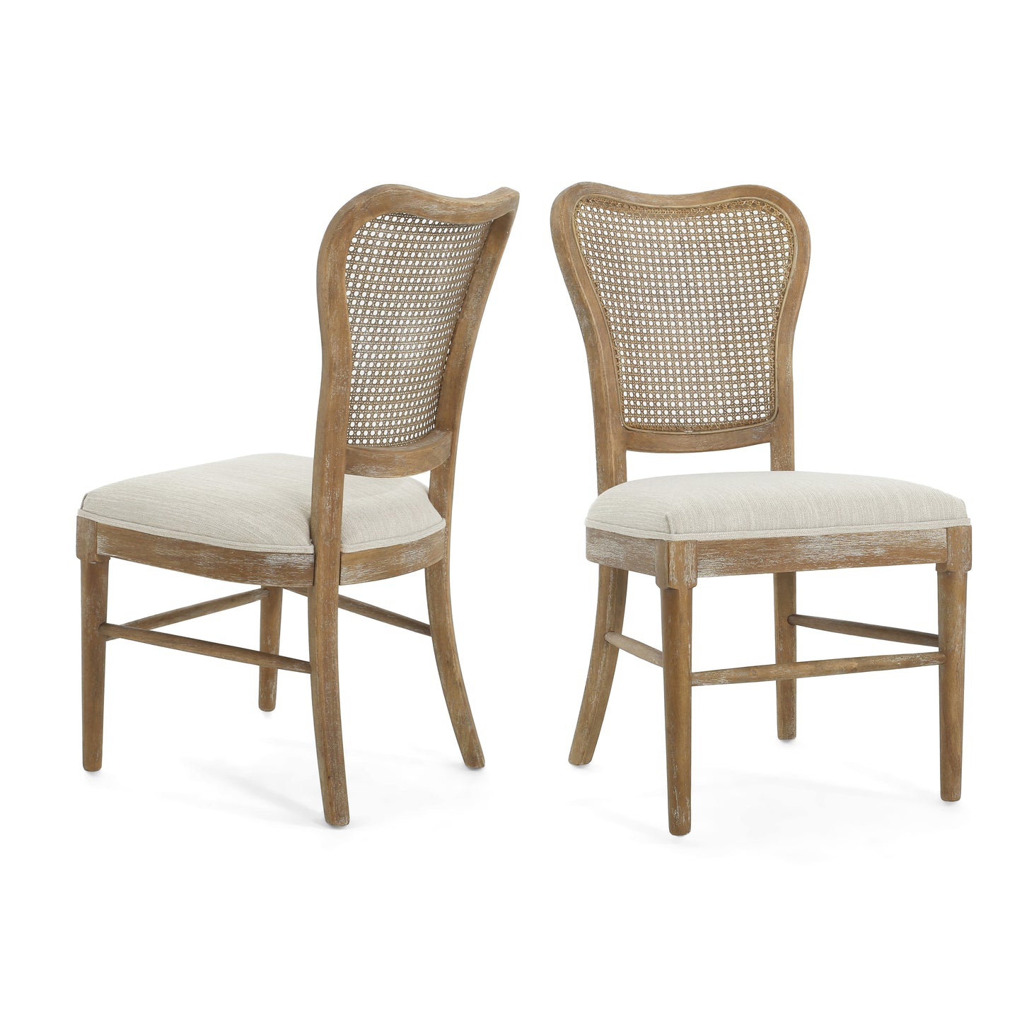 Classic Retro Dining Chair Set of 2 with Rattan Backrest, Dark Brown Rubberwood Frame, Beige Fabric Cushion FredCo