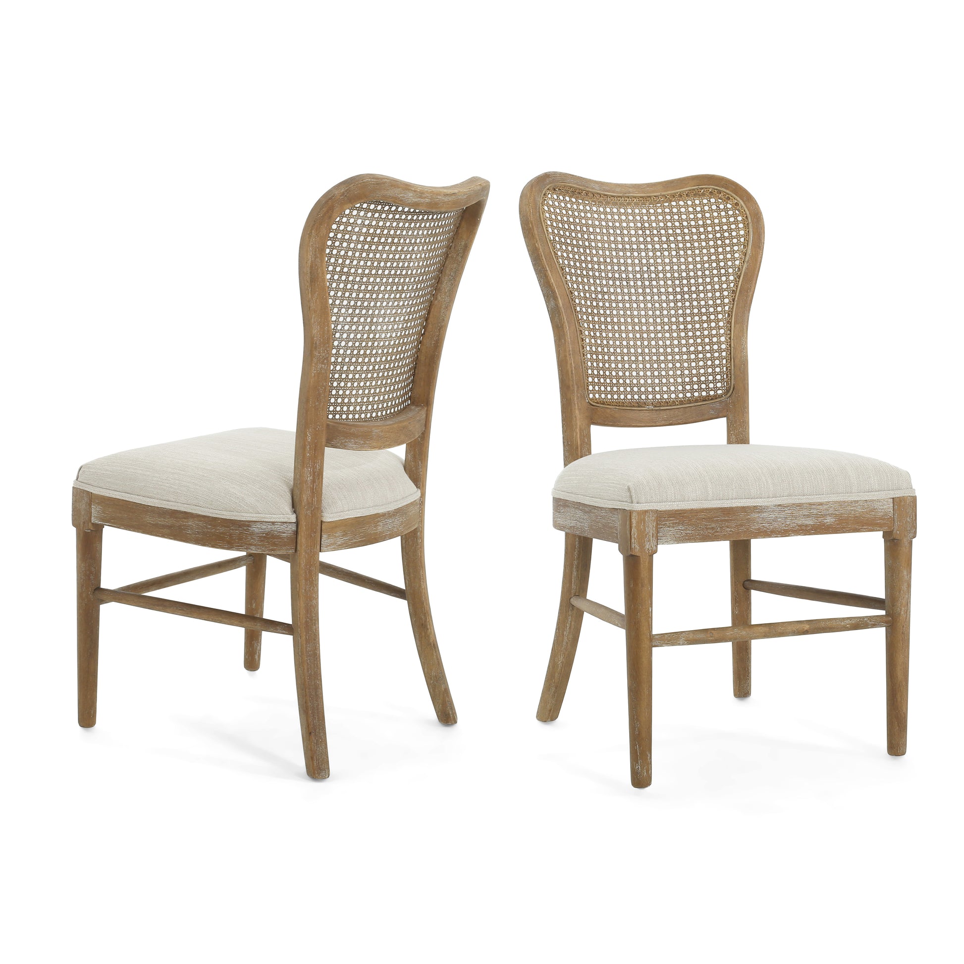 Classic Retro Dining Chair Set of 2 with Rattan Backrest, Dark Brown Rubberwood Frame, Beige Fabric Cushion FredCo