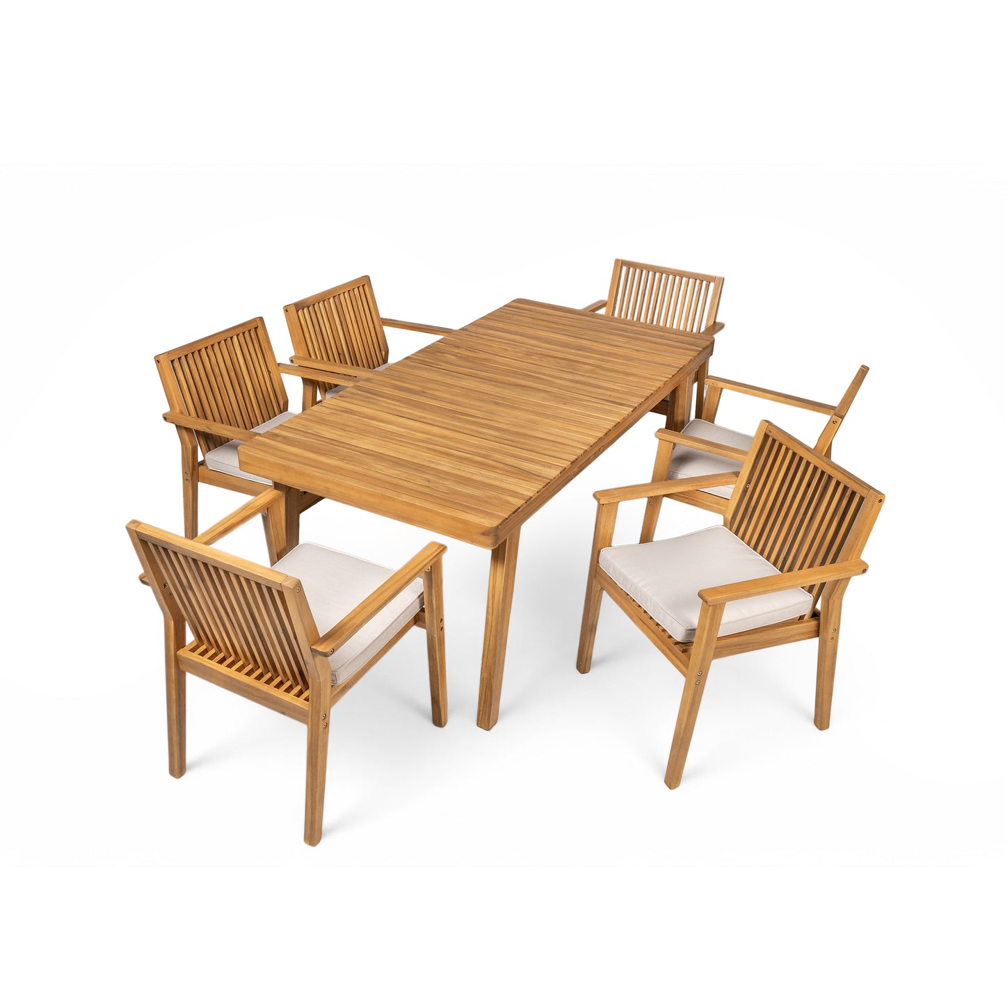 Durable 7 - Piece Patio Furniture Set Acacia Wood Table and 6 Heavy-Duty Cushioned Chairs, Natural FredCo
