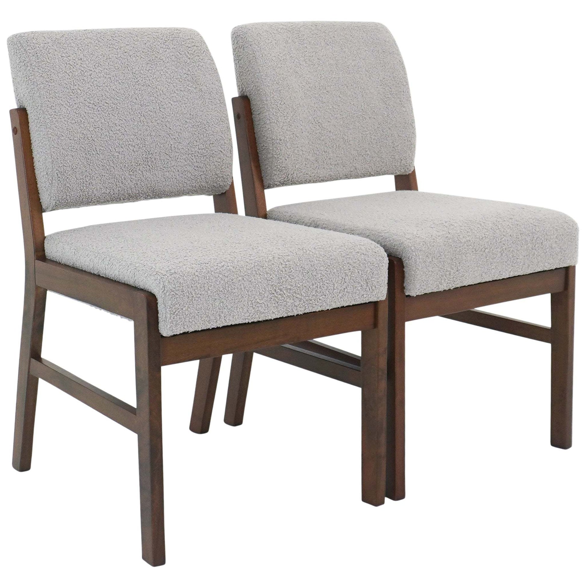 Pair of modern wood frame dining chairs with light gray upholstered seats and backs