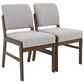 Pair of modern wood frame dining chairs with light gray upholstered seats and backs
