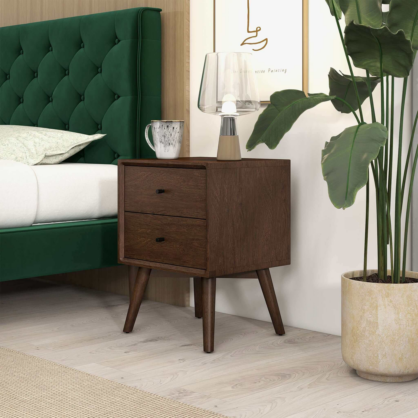 Mid-Century Modern Caroline Night Stand 2-Drawer Dark Brown Solid Wood 23.6'H x 17.7'W x 15.7'D for Bedroom, Closet, Dorm FredCo