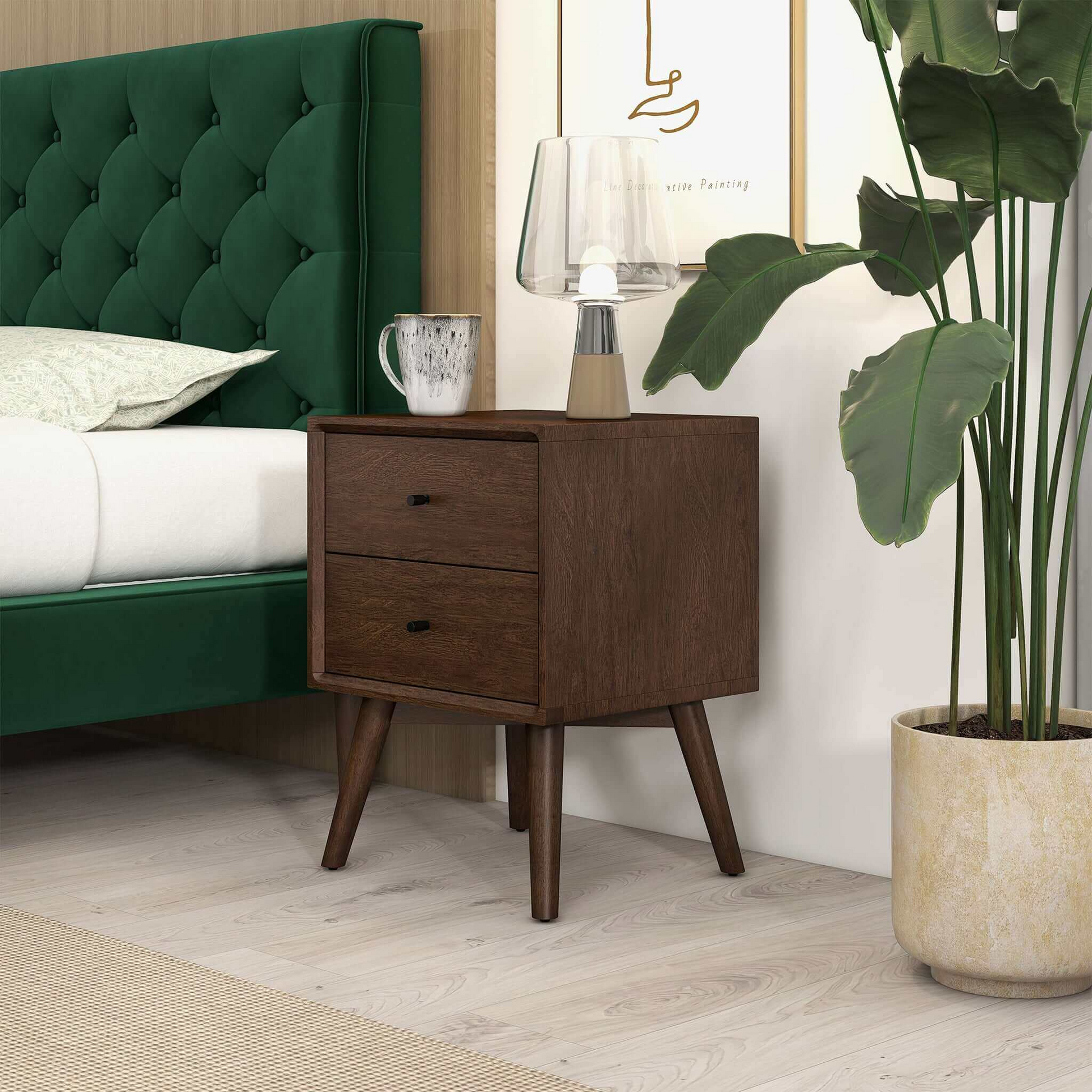 Mid-Century Modern Caroline Night Stand 2-Drawer Dark Brown Solid Wood 23.6'H x 17.7'W x 15.7'D for Bedroom, Closet, Dorm FredCo