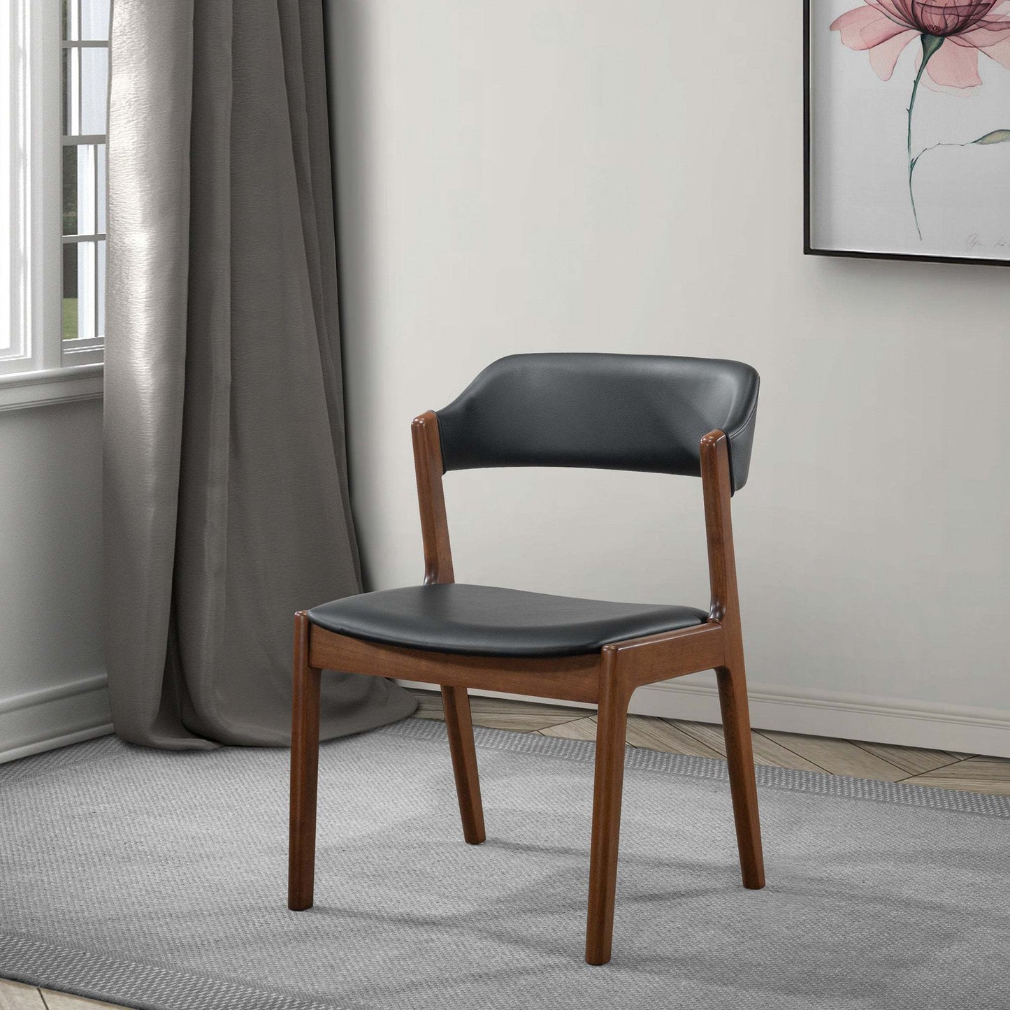 High Quality Enzo Mid-Century Modern Black Leather Dining Chair (Set of 2) with Solid Wood Base 21.1'W x 24.5'D x 30.1'H for Living Room Bedroom Outdoor FredCo
