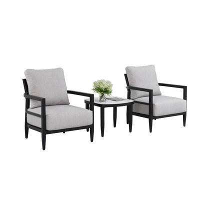 3PC Outdoor Aluminum Patio Furniture, Modern Fully Weld Club Chair Chat Set, Sunbrella Cushions and Elegance Arc 23.6'' Side Table with Greek White Marble-Inspired Sintered Stone Top, Ember Black