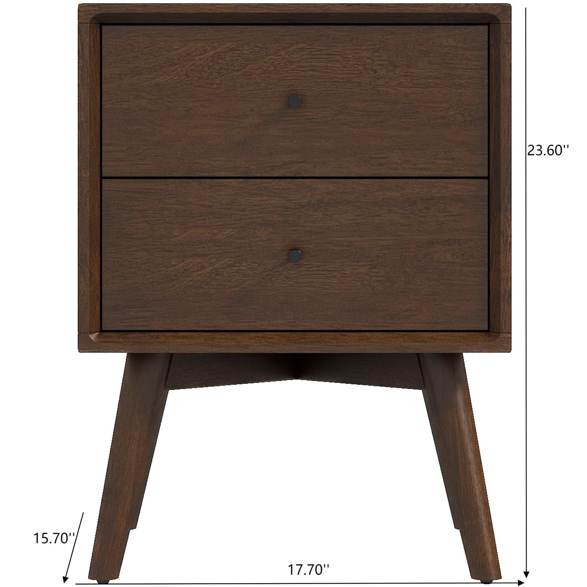 Mid-Century Modern Caroline Night Stand 2-Drawer Dark Brown Solid Wood 23.6'H x 17.7'W x 15.7'D for Bedroom, Closet, Dorm FredCo