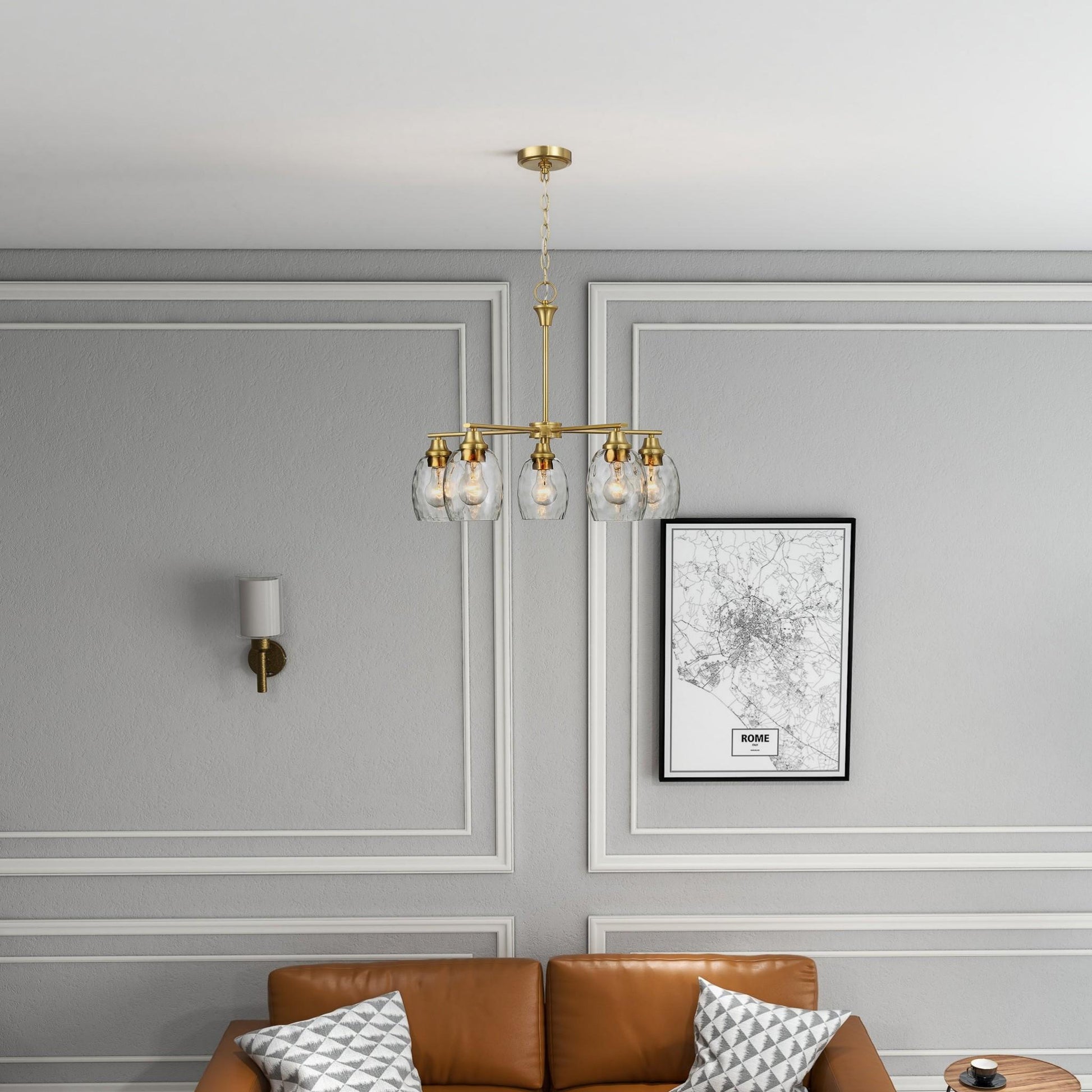 Elegance Five Lights Linear Arms Chandelier with Golden Brass Finish and Clear Water Glass 24'W x 8.5'H FredCo