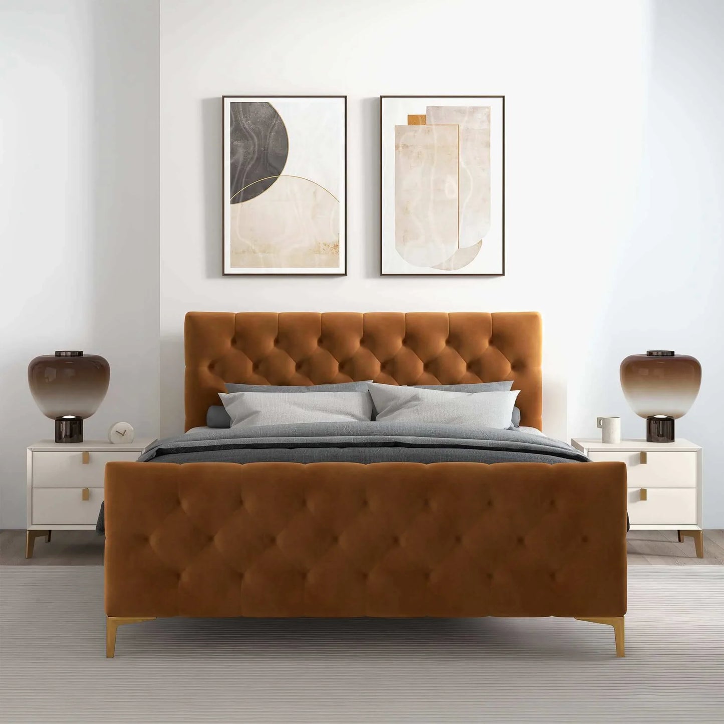 Modern bedroom with a tufted brown bed, white nightstands, and abstract wall art