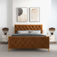 Modern bedroom with a tufted brown bed, white nightstands, and abstract wall art
