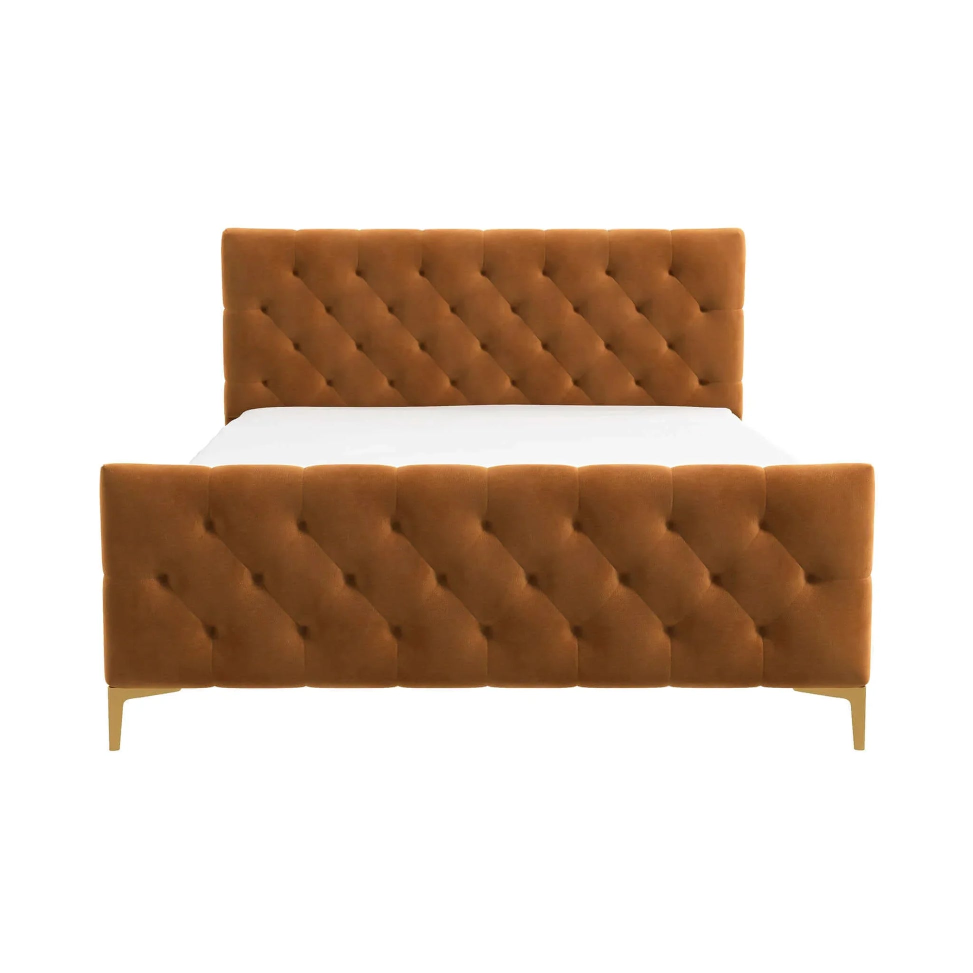 Modern tufted velvet bed frame with diamond pattern and gold legs, FredCo International furniture