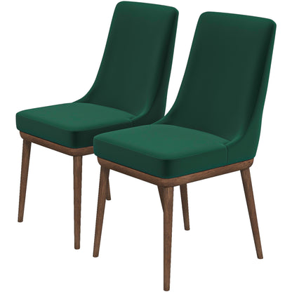 Pair of modern green upholstered dining chairs with wooden legs, FredCo International furniture
