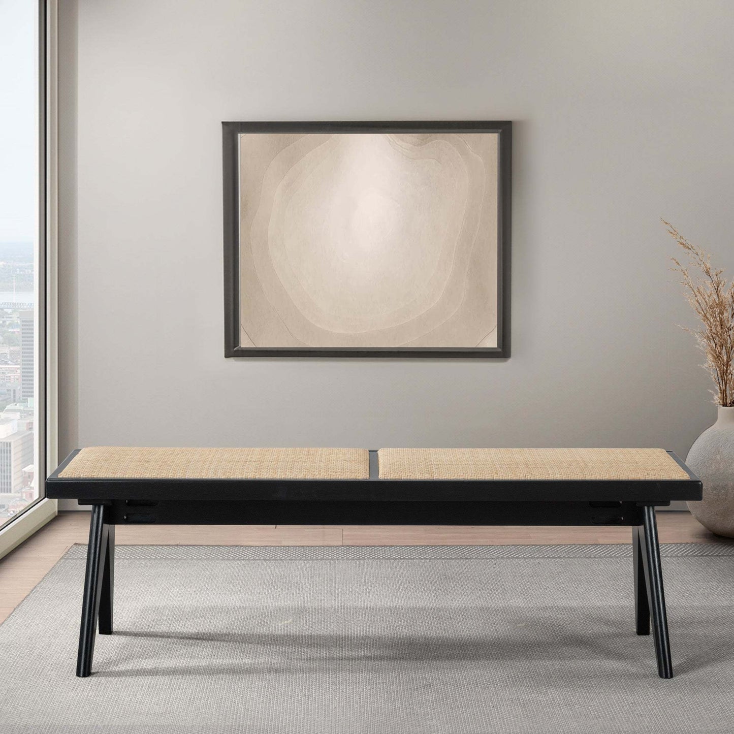Modern woven bench with black frame in minimalist living room, FredCo International furniture
