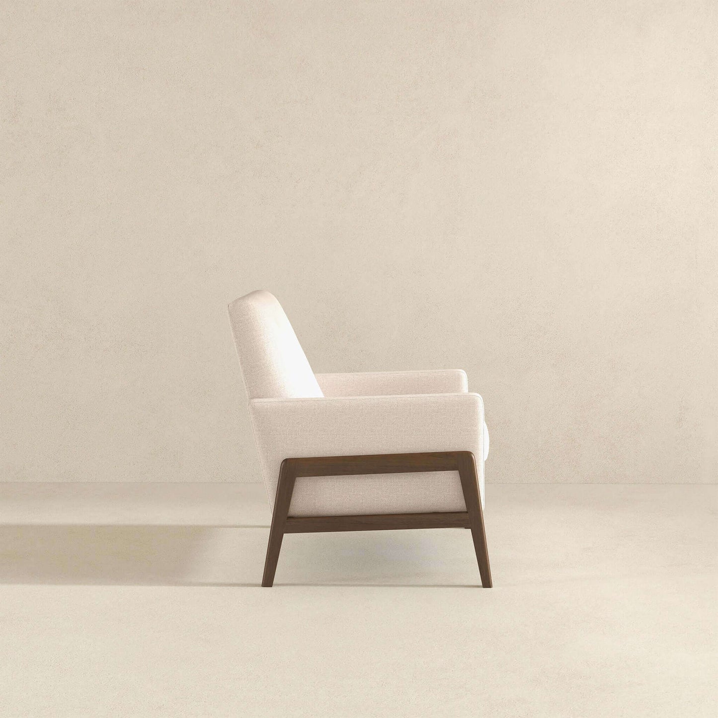 Modern beige accent chair with wooden frame, minimalist furniture for living room
