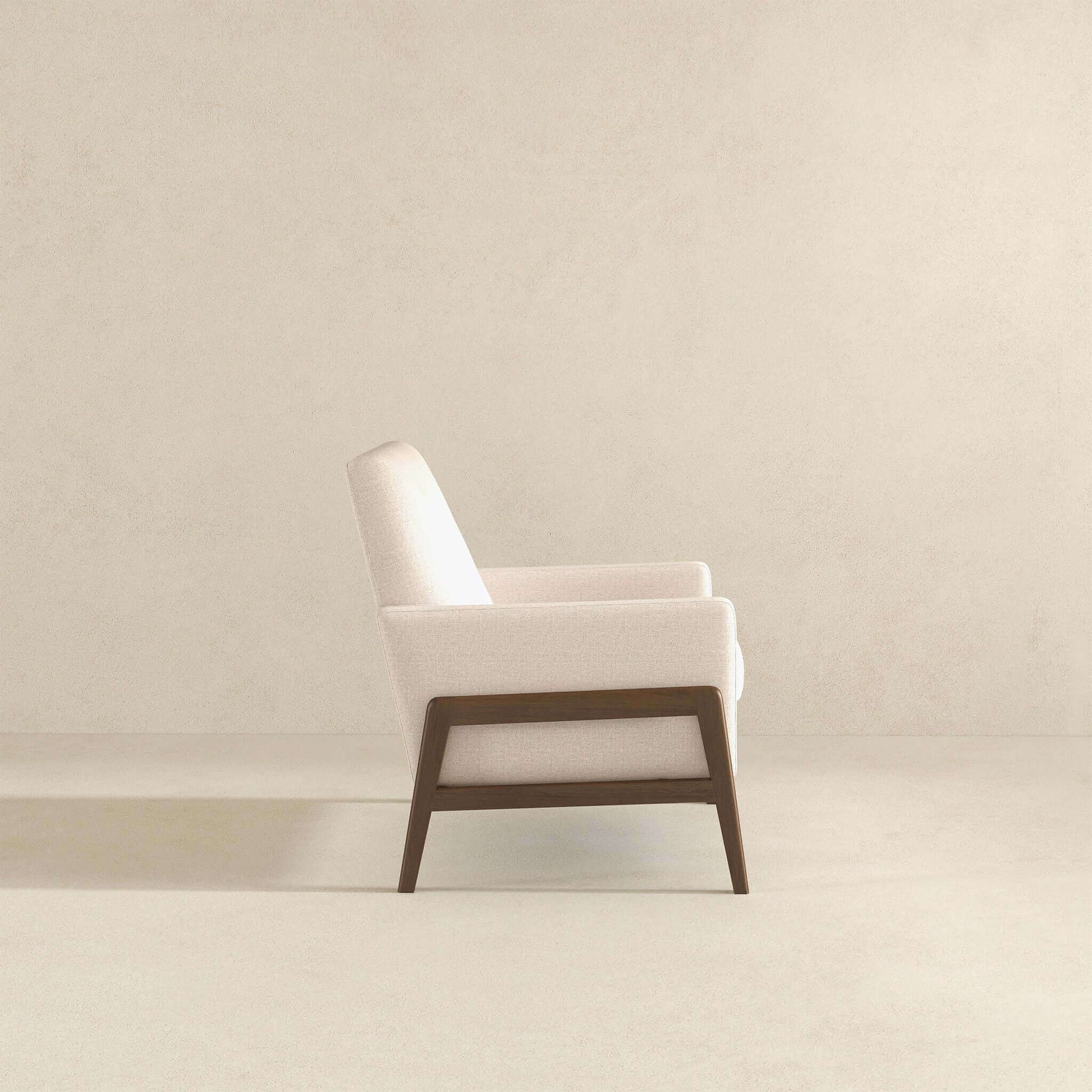 Modern beige accent chair with wooden frame, minimalist furniture for living room