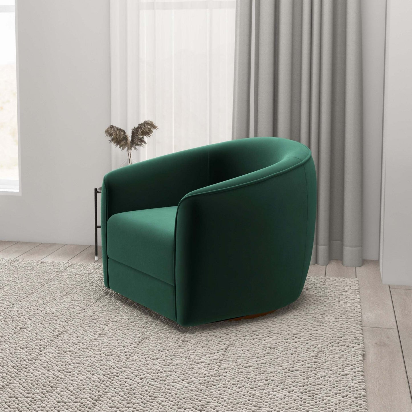 Modern green accent chair on textured beige rug in bright living room, FredCo International furniture
