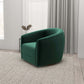 Modern green accent chair on textured beige rug in bright living room, FredCo International furniture