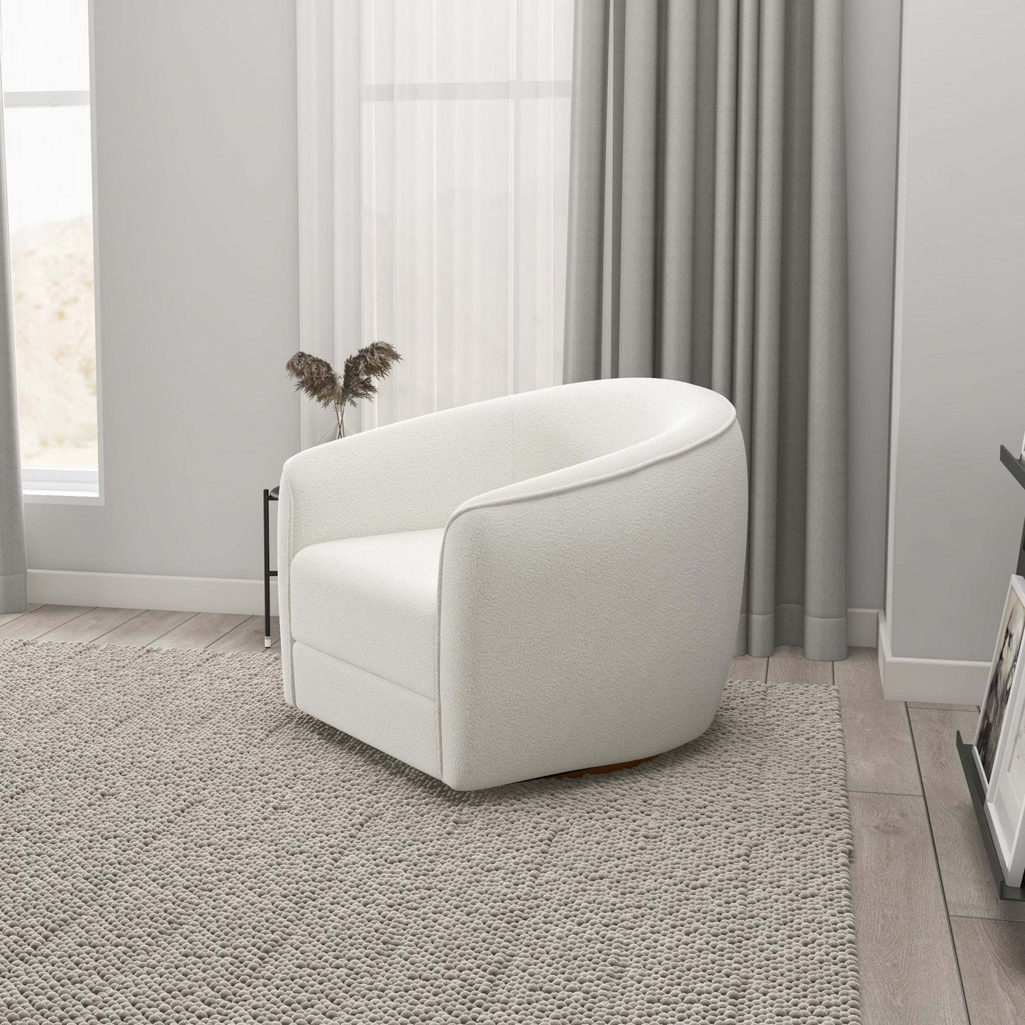 High Quality Elise Mid Century Modern Beige Boucle Swivel Chair with Elegant Design and Multi-functional Use 34.2W'x 30D'x 30H' Swivel Round Chairs for Living Room Bedroom Reading, White FredCo