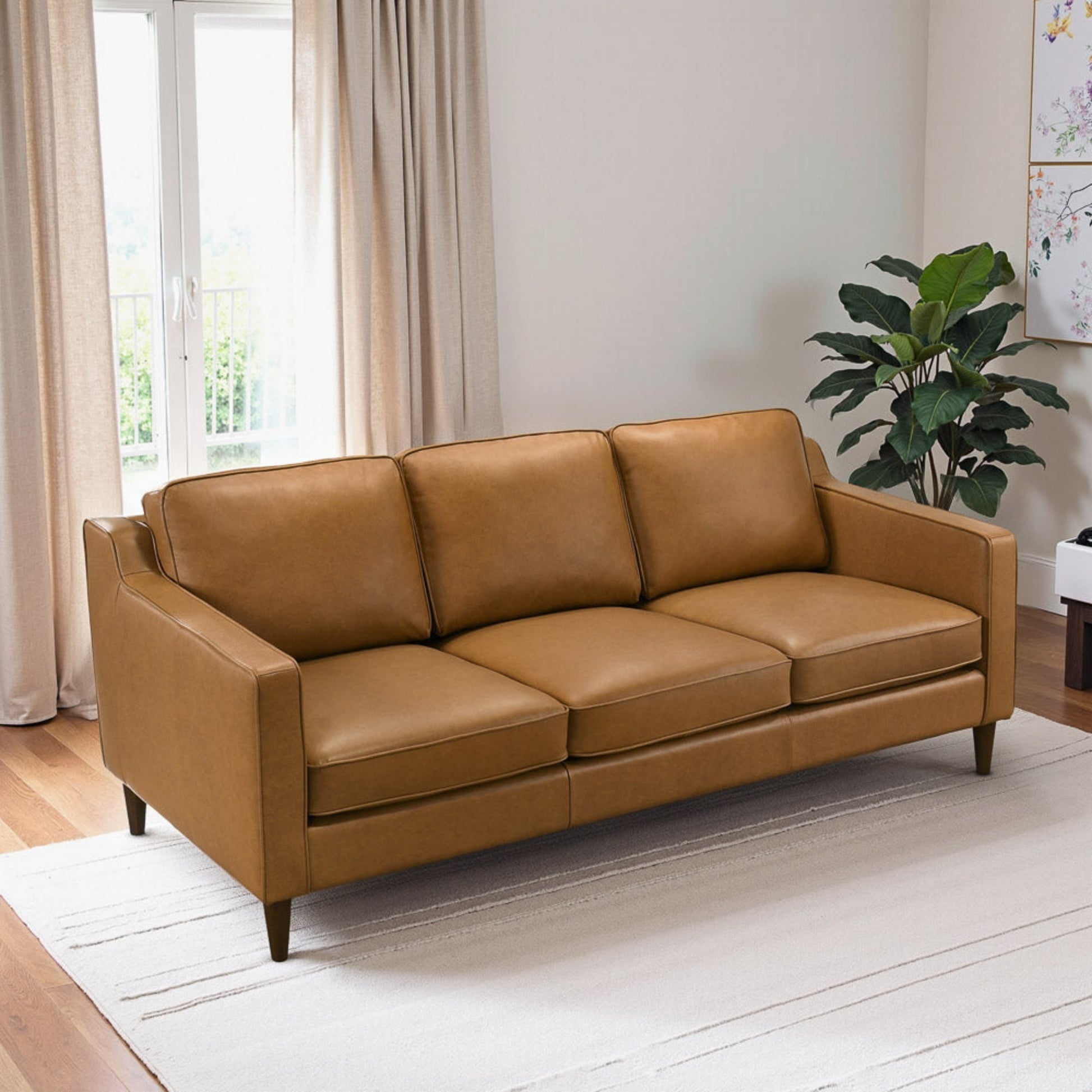 Cooper Mid Century Modern Tan Leather Sofa with Easy Maintenance and Solid Wood Frame FredCo