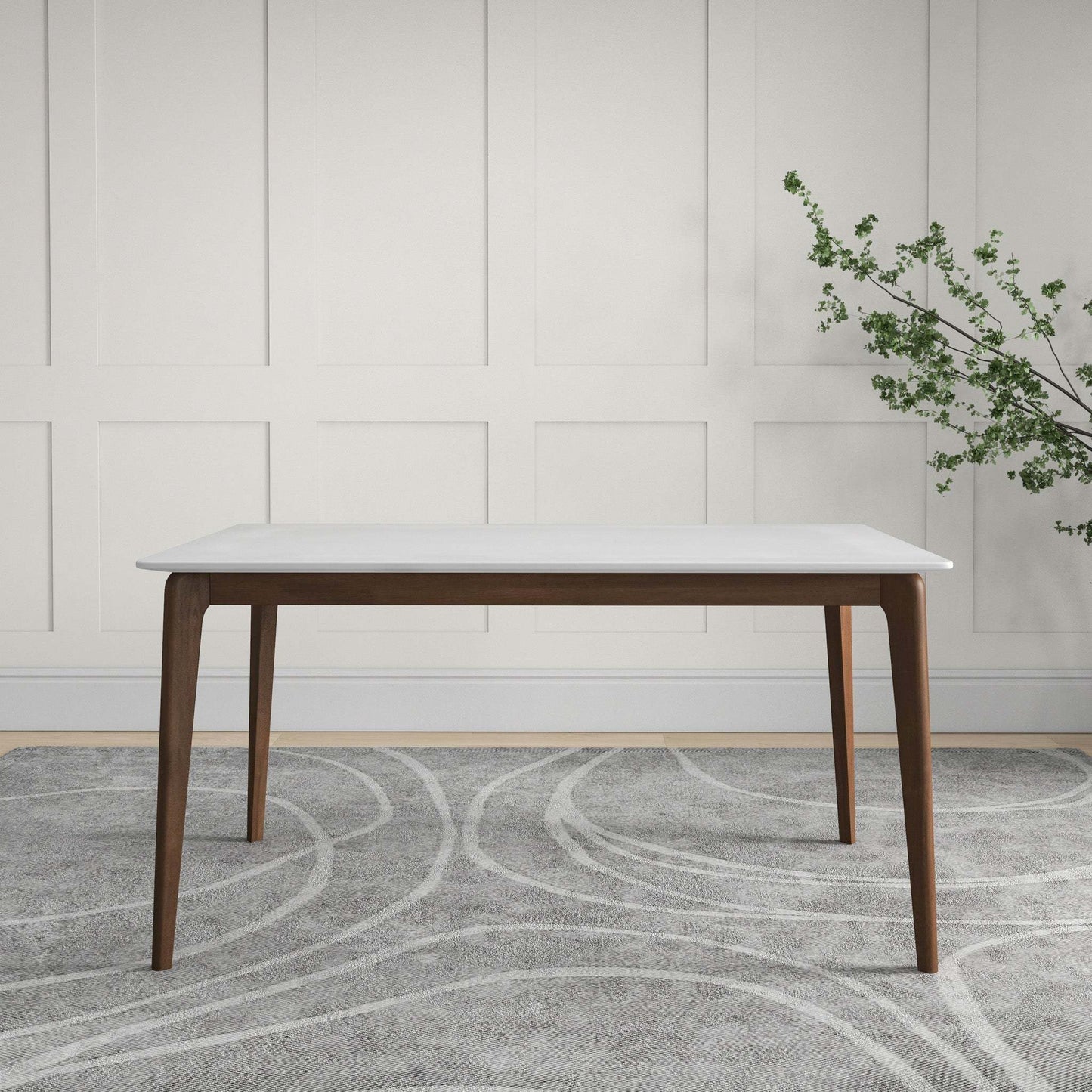 Lindsey Mid-Century Modern Solid Wood Dining Table with White Top and Walnut Legs, 59 inches for Bedroom Hallway, Entryway FredCo