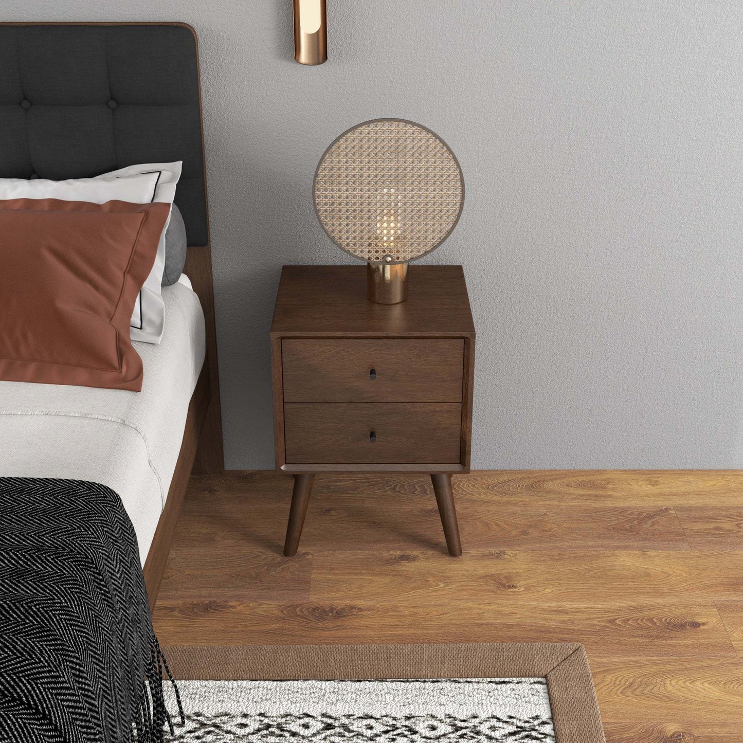 Mid-Century Modern Caroline Night Stand 2-Drawer Dark Brown Solid Wood 23.6'H x 17.7'W x 15.7'D for Bedroom, Closet, Dorm FredCo
