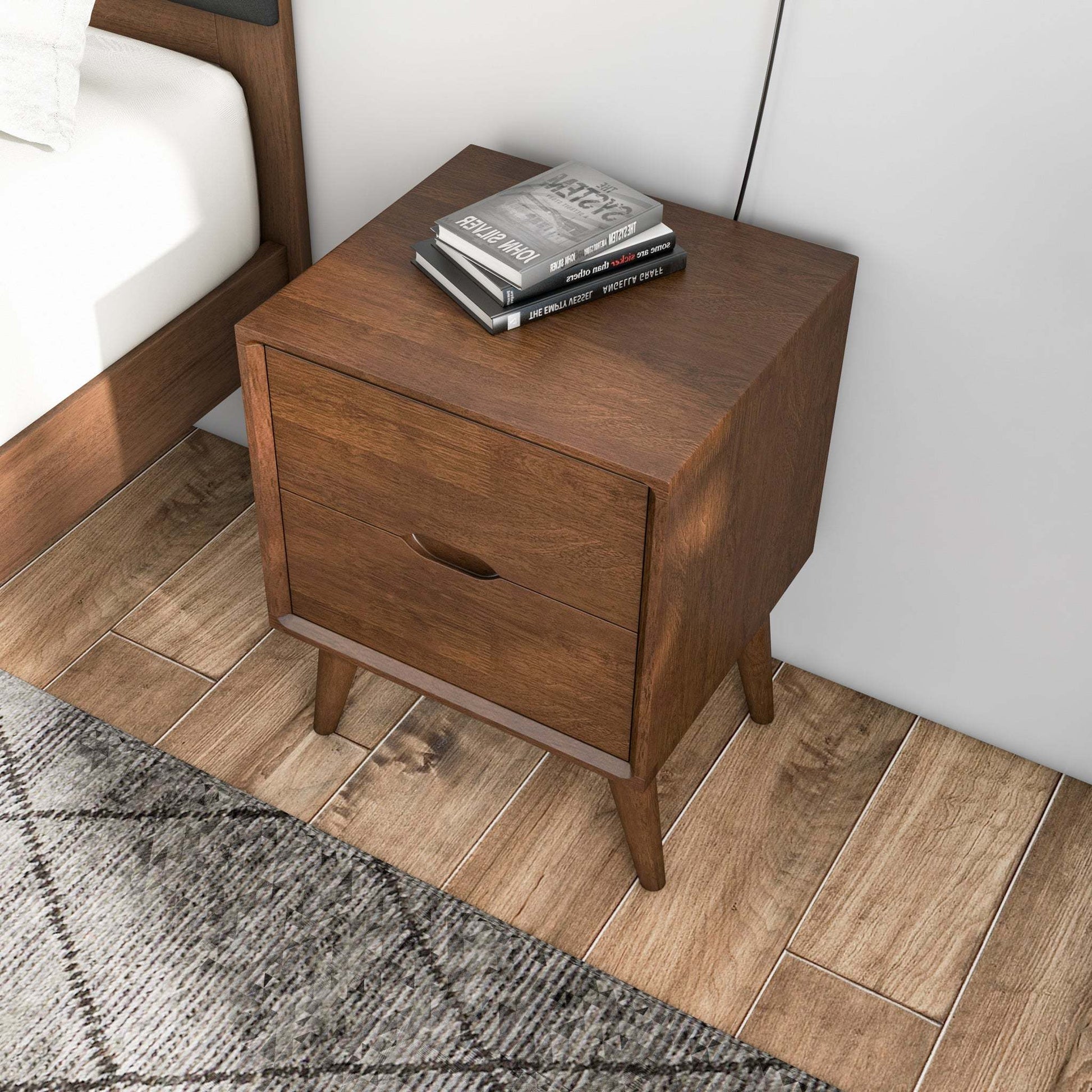 Alexandra Mid-Century Modern Night Stand with 2 Drawers in Walnut Brown Solid Wood 24.8'H x 17.7'W x 15.7'D FredCo