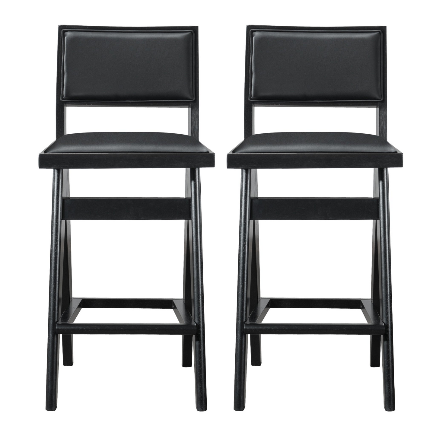 Keira Mid-Century Bar Stool Black PU Leather Solid Wood 18.11 x 17.52 x 38.58 inches Kitchen Counter Barstool with Back Bar Stool (Set of 2) FredCo
