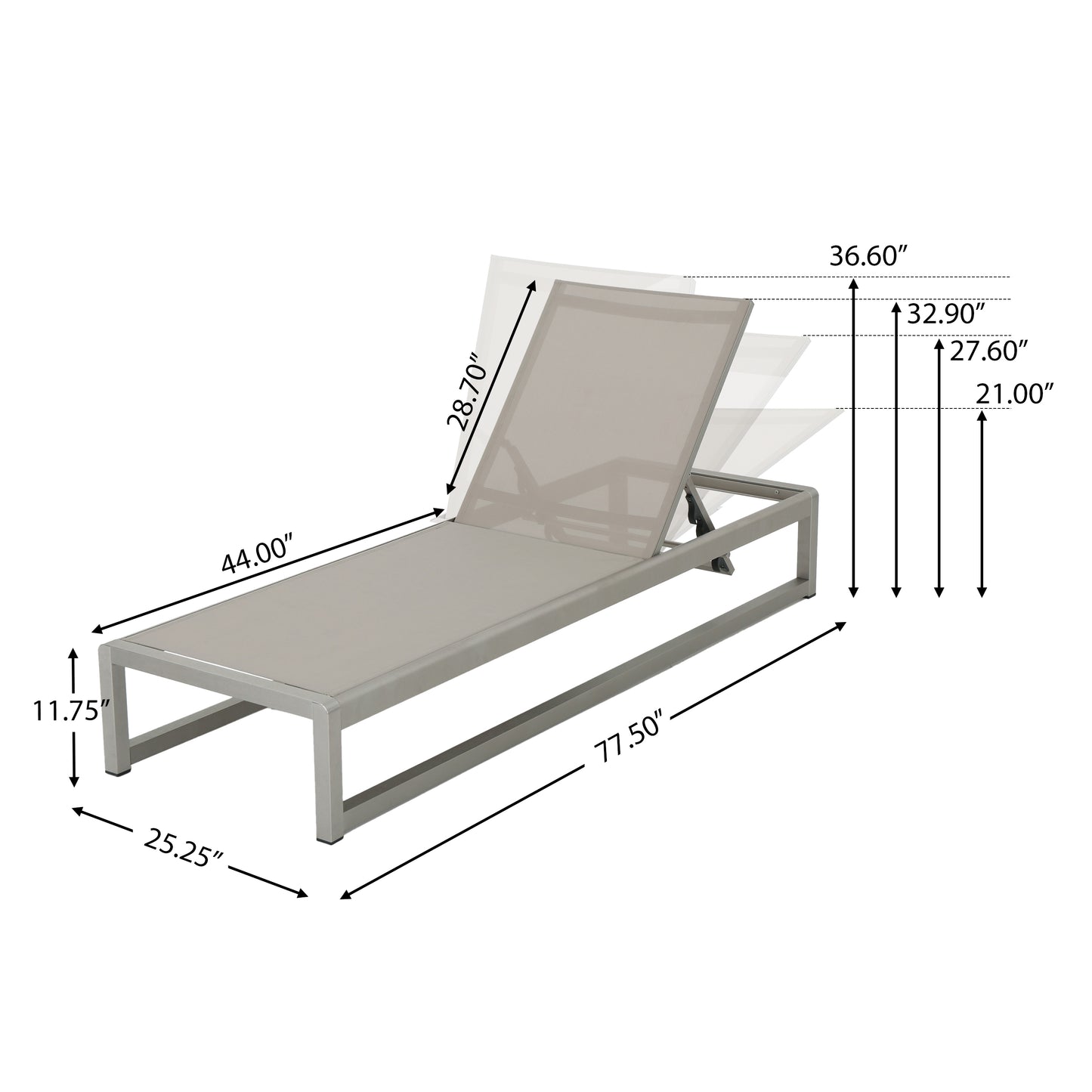Outdoor Chaise Lounge Set of 2 with Adjustable Aluminum Frame and Textilene Mesh Seating in Grey FredCo