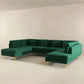 Modern green velvet sectional sofa with tufted back and gold legs in minimal living room