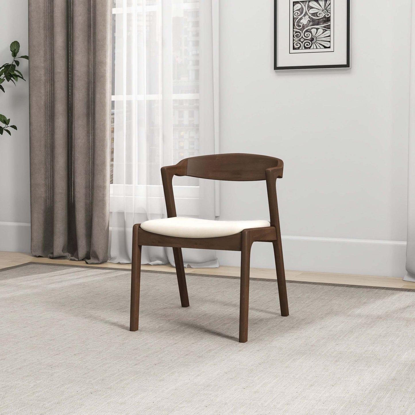 Modern wooden dining chair with white cushion in bright living room, FredCo International furniture