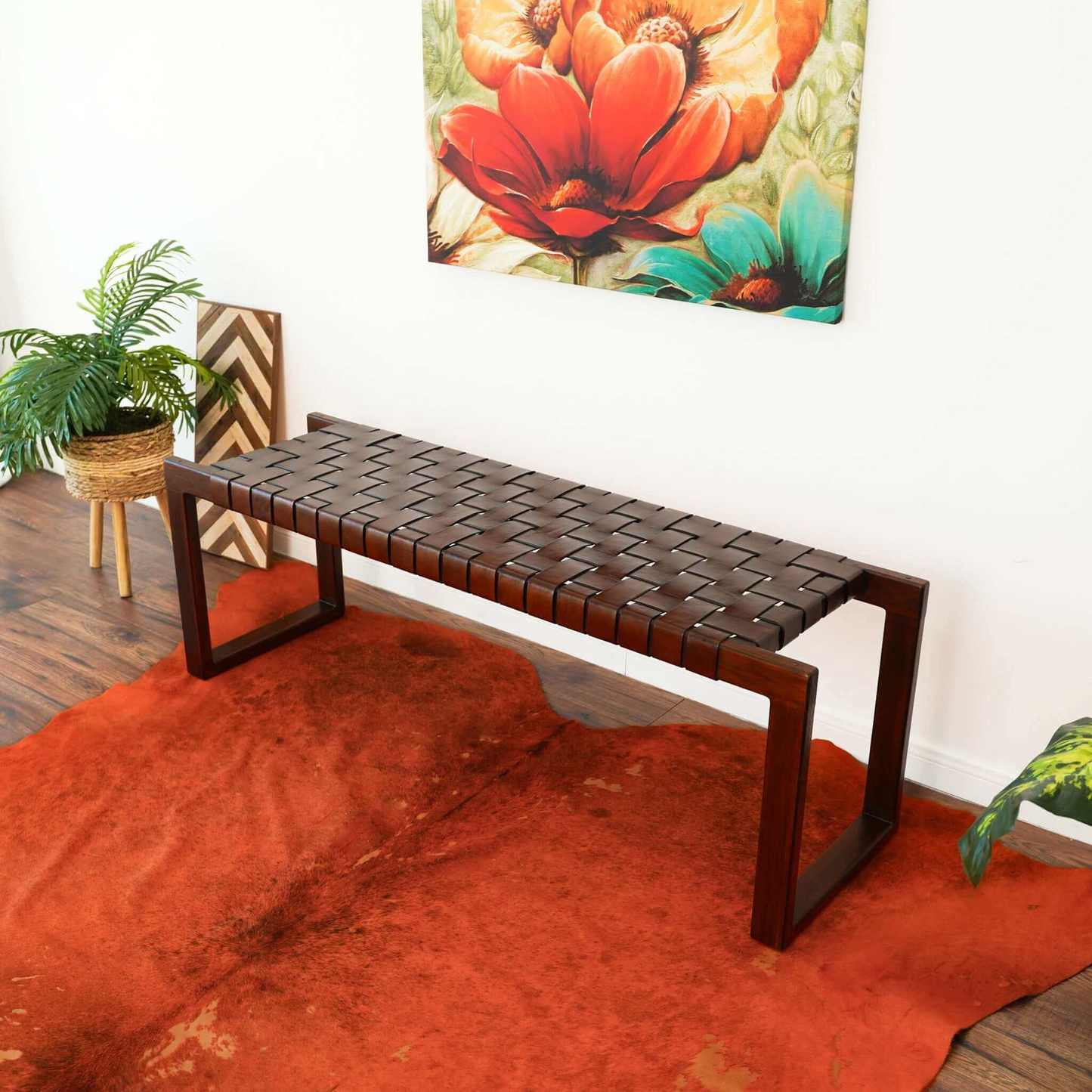 Christina Mid-Century Modern Tan Leather Bench with Solid Wood Frame and Tapered Legs 18.5'H x 55'W x 15.7'D for Living Room Bedroom Waiting Room FredCo