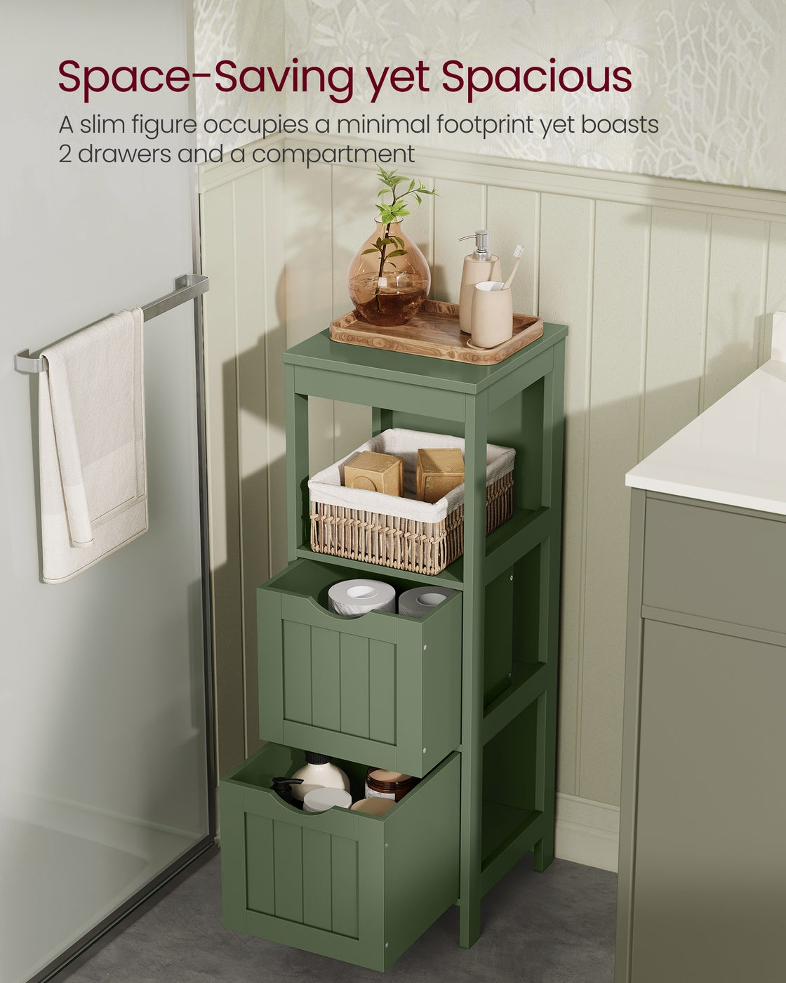VASAGLE Bathroom Floor Cabinet with 2 Drawers – Forest Green