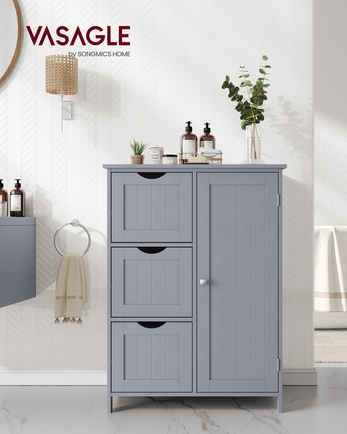 VASAGLE Bathroom Floor Storage Cabinet, Freestanding Bathroom Storage Unit with 3 Drawers – Dove Gray