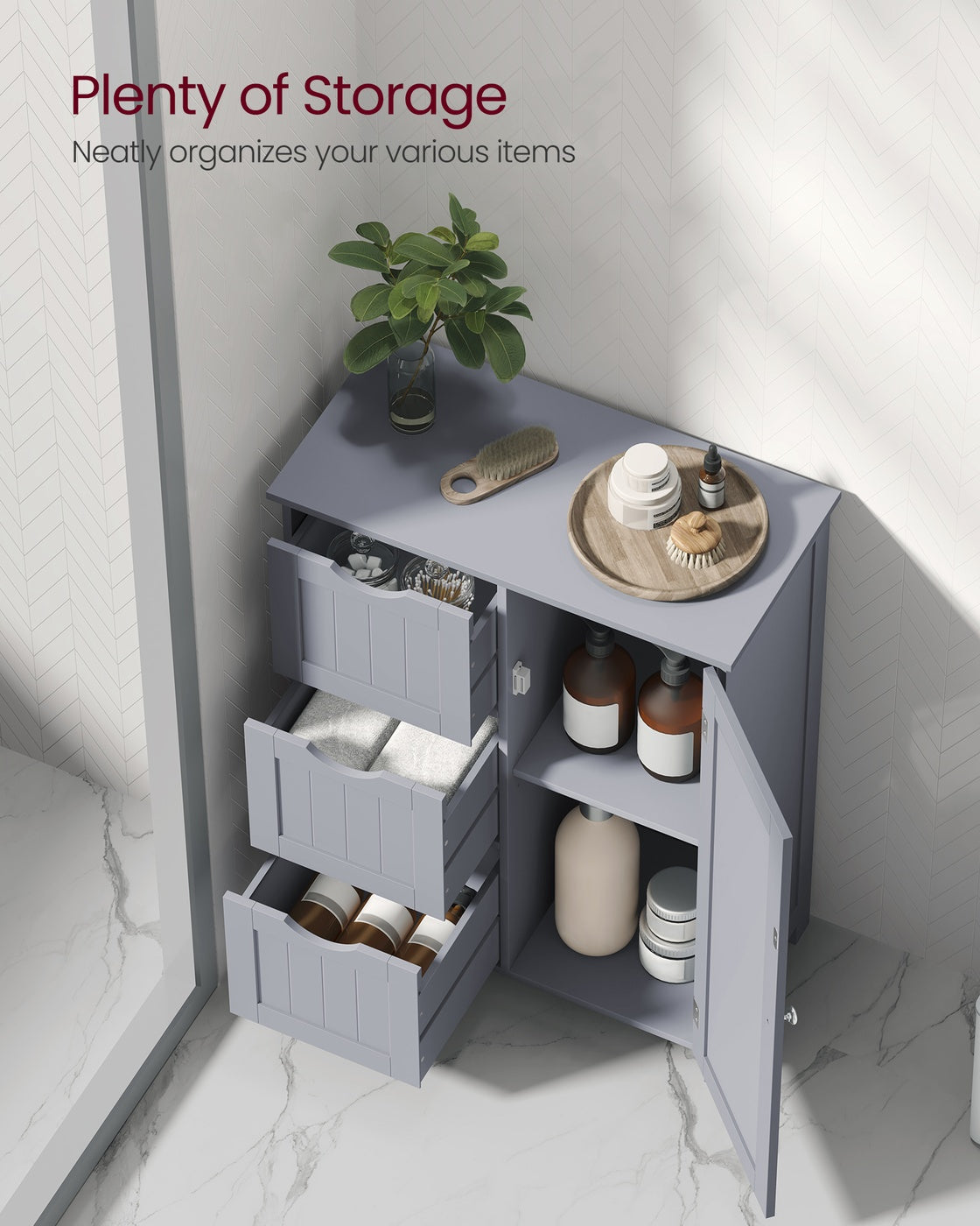 VASAGLE Bathroom Floor Storage Cabinet, Freestanding Bathroom Storage Unit with 3 Drawers – Dove Gray
