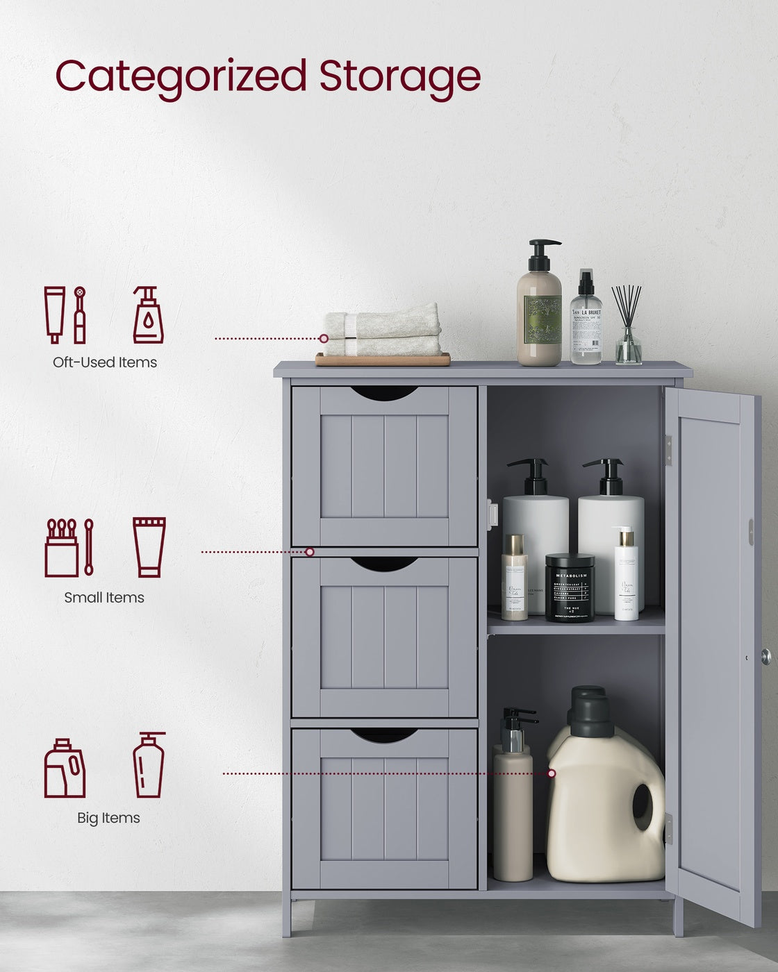 VASAGLE Bathroom Floor Storage Cabinet, Freestanding Bathroom Storage Unit with 3 Drawers – Dove Gray