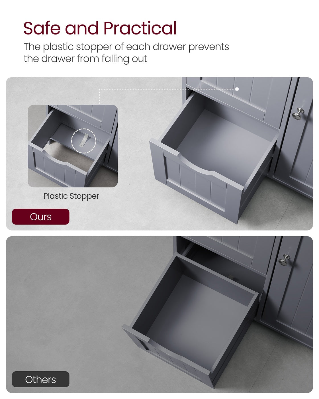 VASAGLE Bathroom Floor Storage Cabinet, Freestanding Bathroom Storage Unit with 3 Drawers – Dove Gray