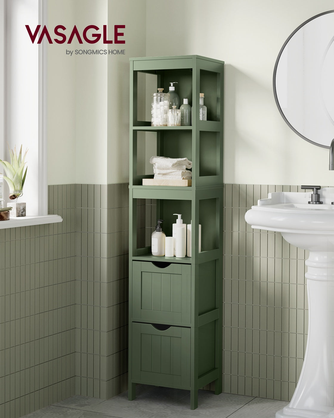 VASAGLE Bathroom Floor Cabinet, Bathroom Storage Organizer Rack Stand – Forest Green