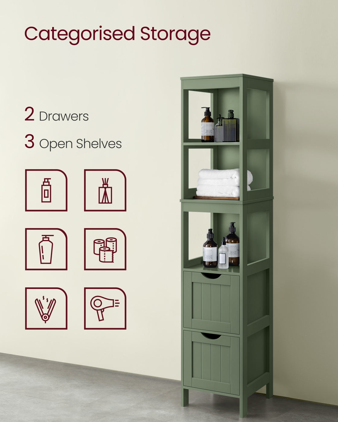 VASAGLE Bathroom Floor Cabinet, Bathroom Storage Organizer Rack Stand – Forest Green