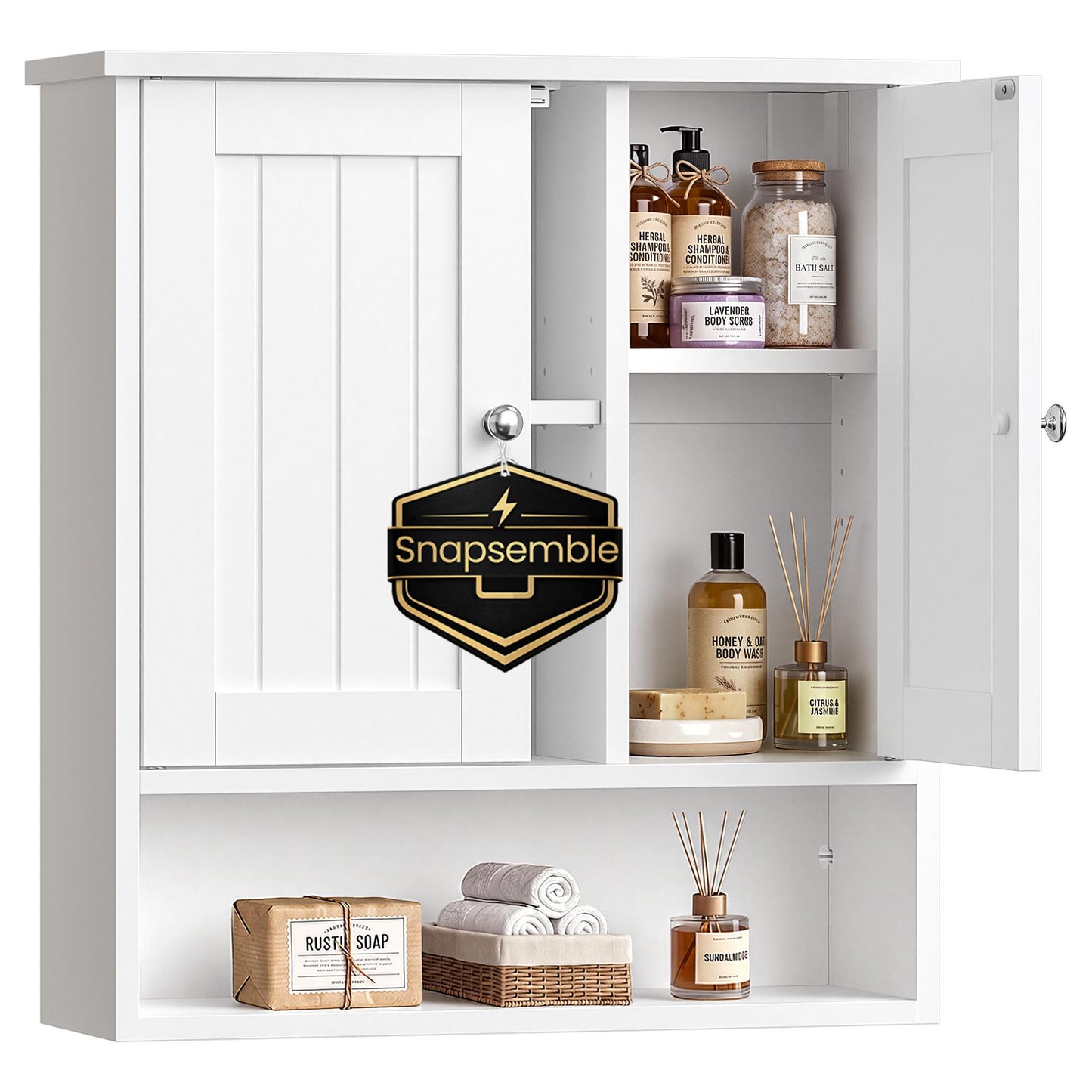SONGMICS HOME Tool-Free Assembly Bathroom Wall Cabinet, 2 Doors Modern Basic Wall Mounted Storage – Cloud White