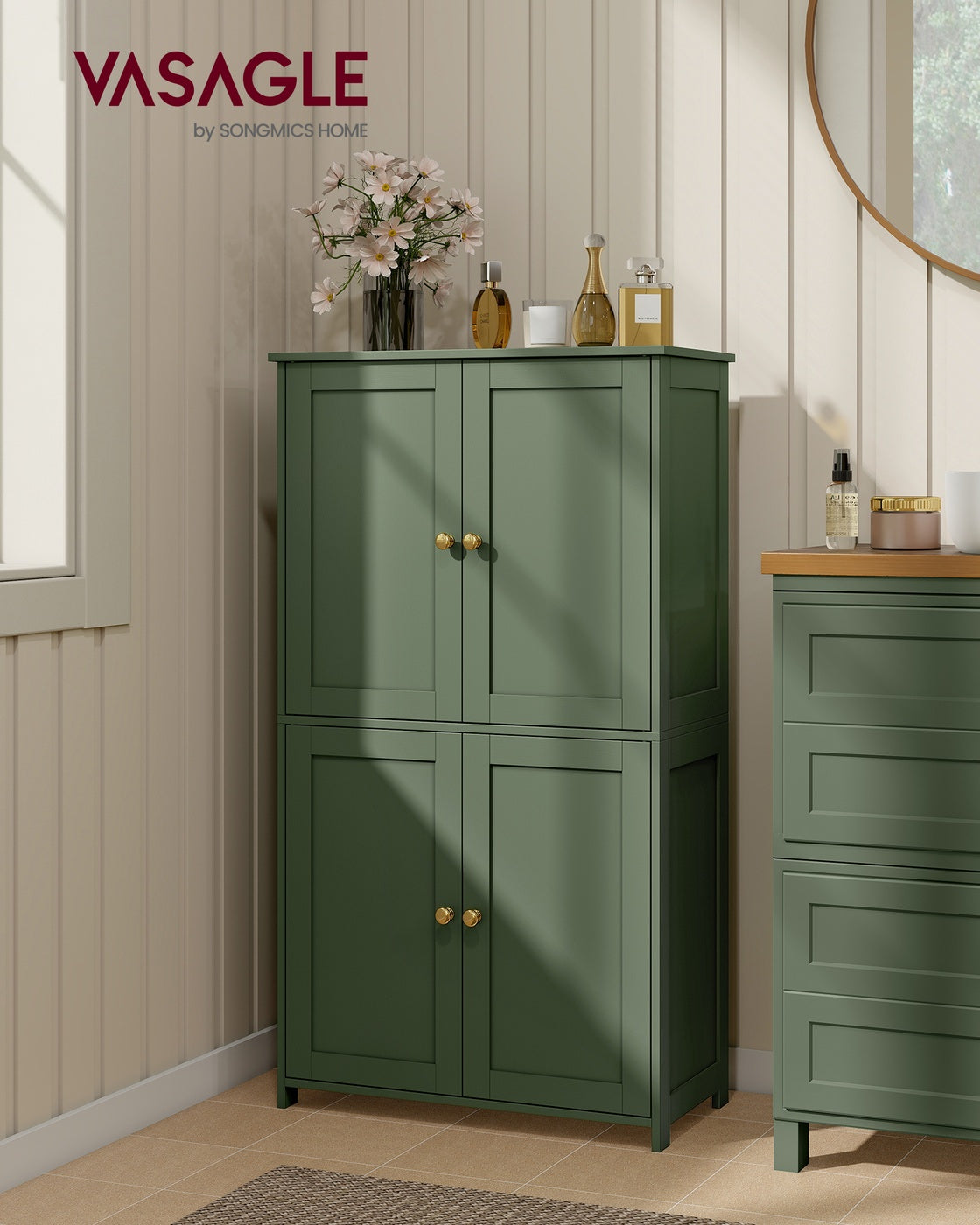 VASAGLE Floor Storage Cabinet with Adjustable Shelves and Doors – Forest Green