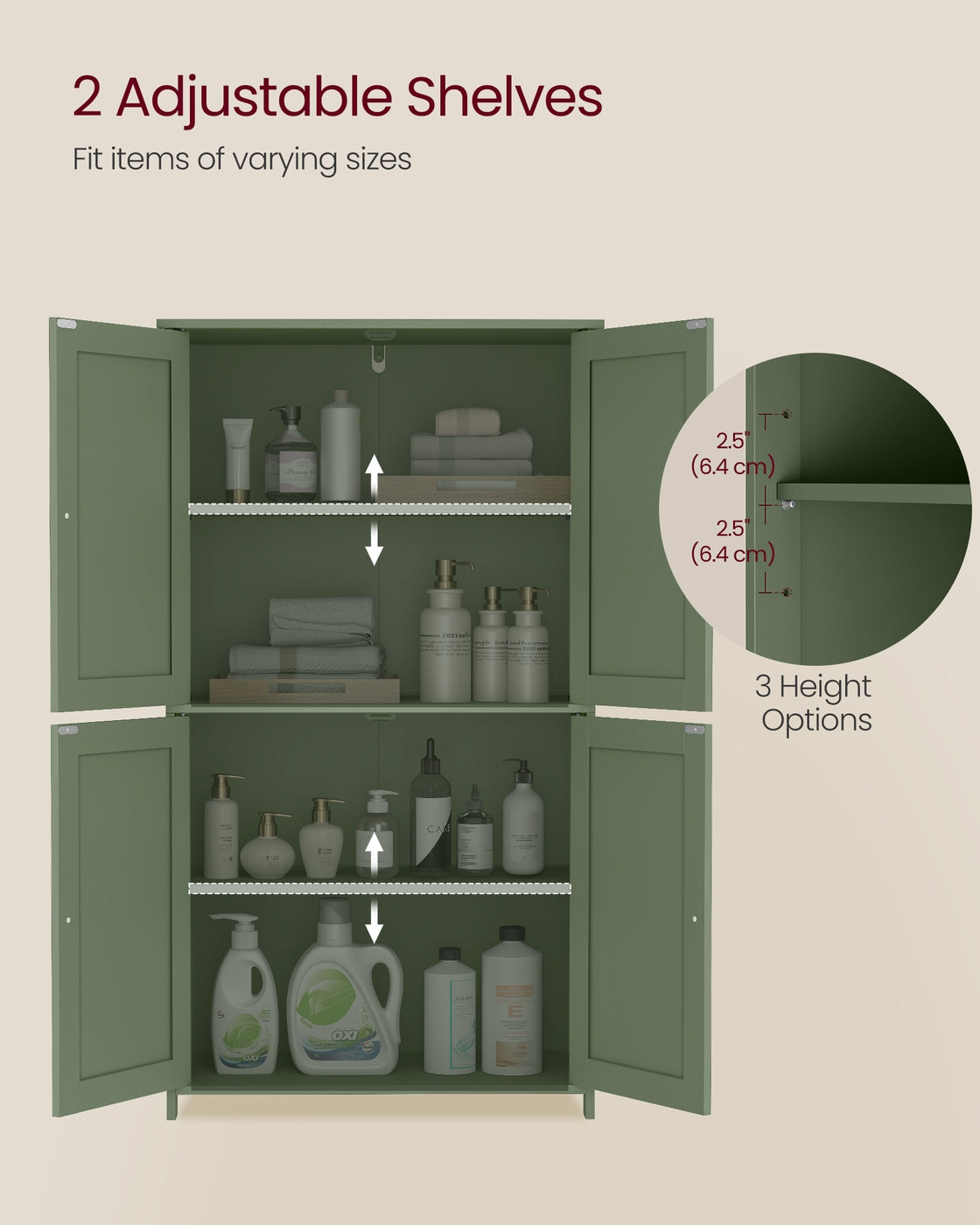 VASAGLE Floor Storage Cabinet with Adjustable Shelves and Doors – Forest Green