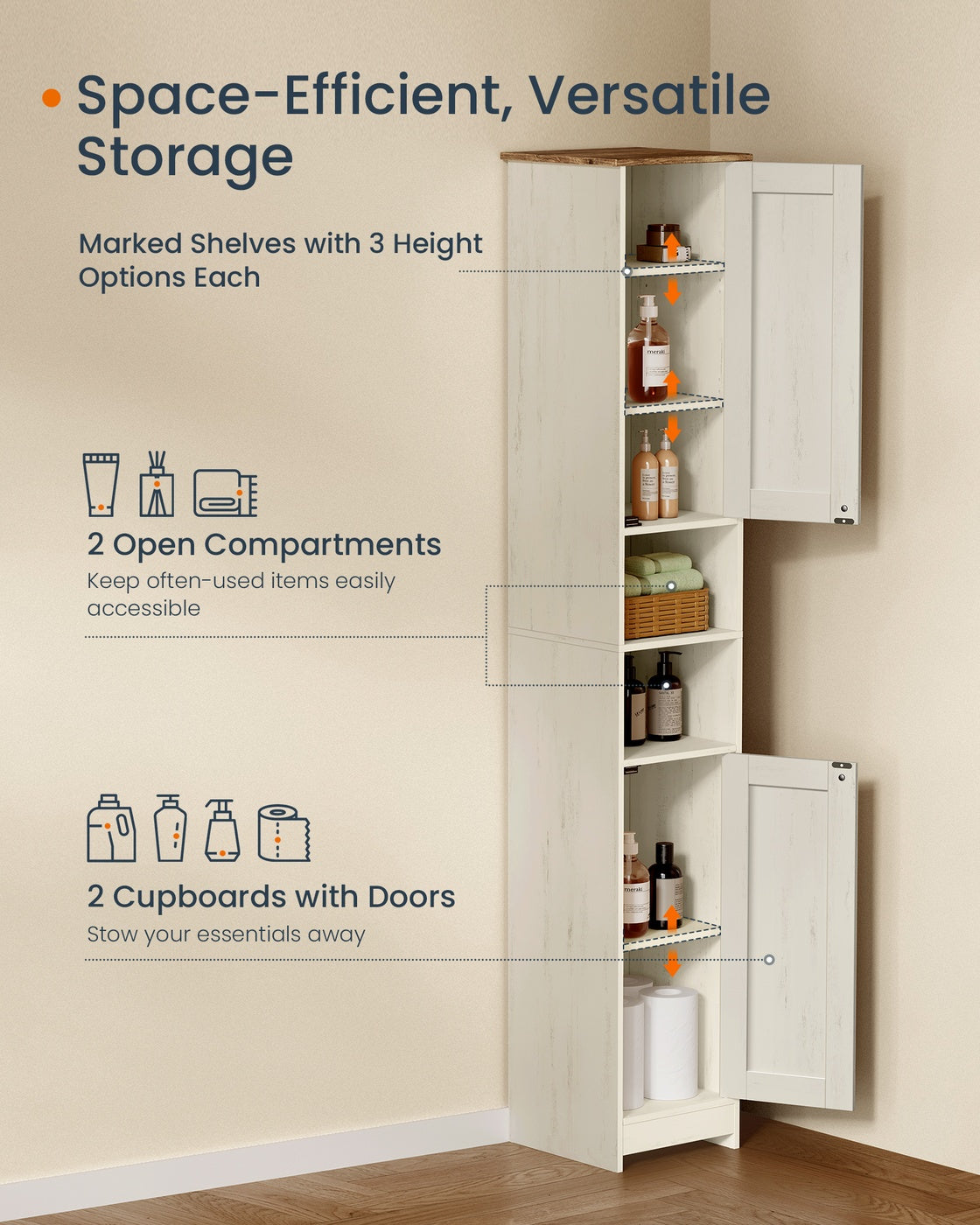 SONGMICS HOME Slim Freestanding Storage Cabinet with Adjustable Shelves – Rustic White
