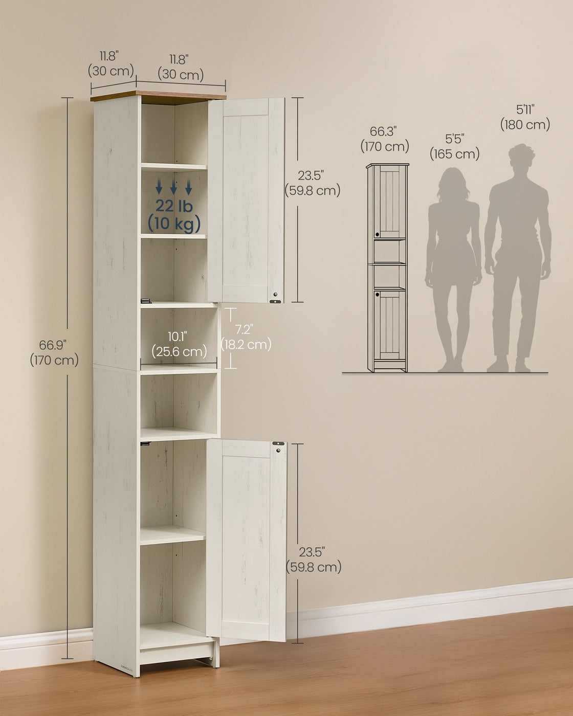 SONGMICS HOME Slim Freestanding Storage Cabinet with Adjustable Shelves – Rustic White