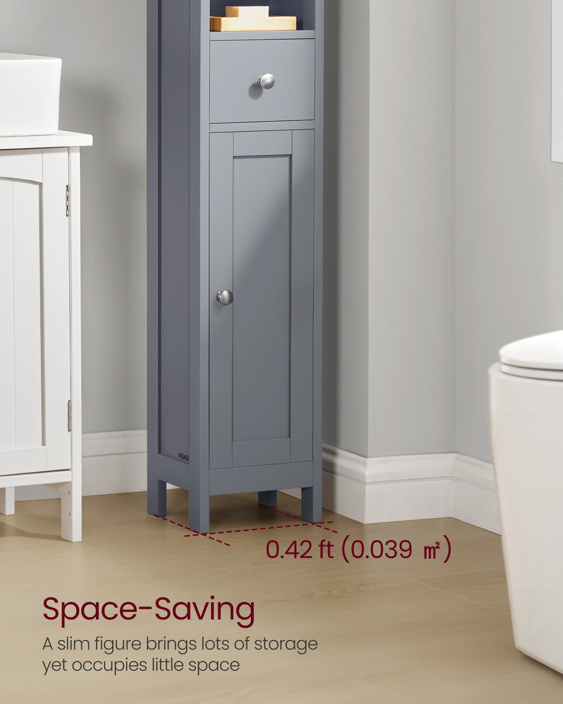 VASAGLE Tall Bathroom Cabinet, Slim Storage, Adjustable Shelves, Dove Gray