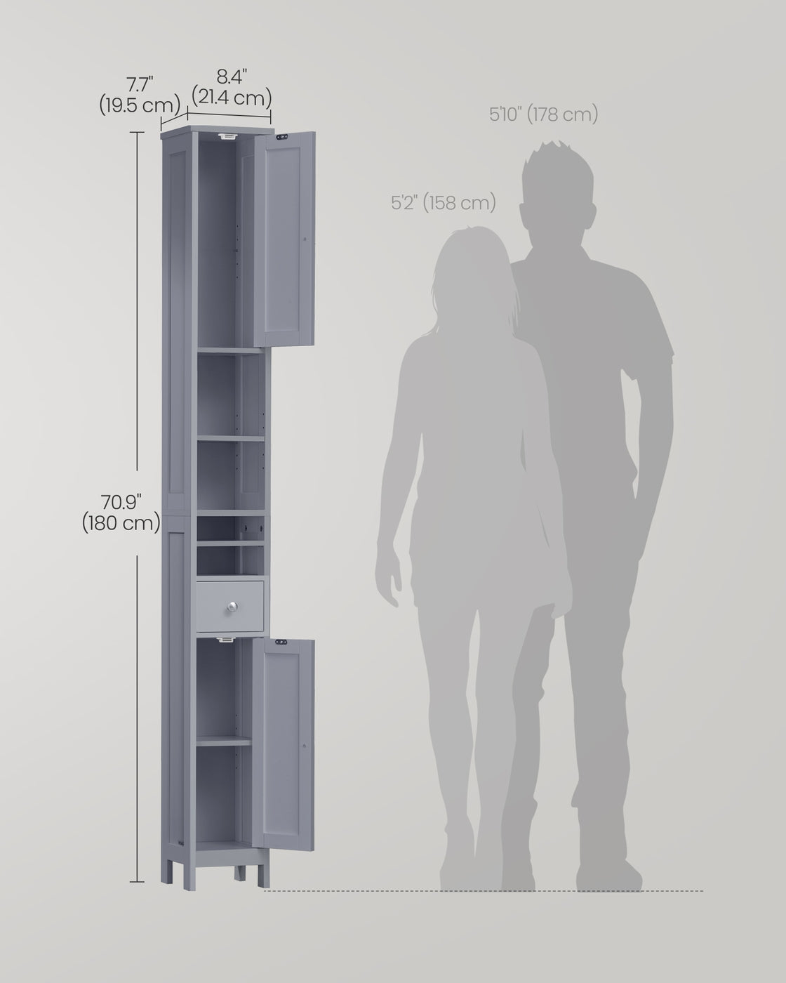 VASAGLE Tall Bathroom Cabinet, Slim Storage, Adjustable Shelves, Dove Gray
