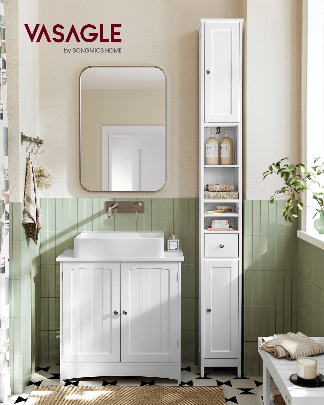 VASAGLE Tall Bathroom Cabinet, Slim Storage, Adjustable Shelves, Cloud White