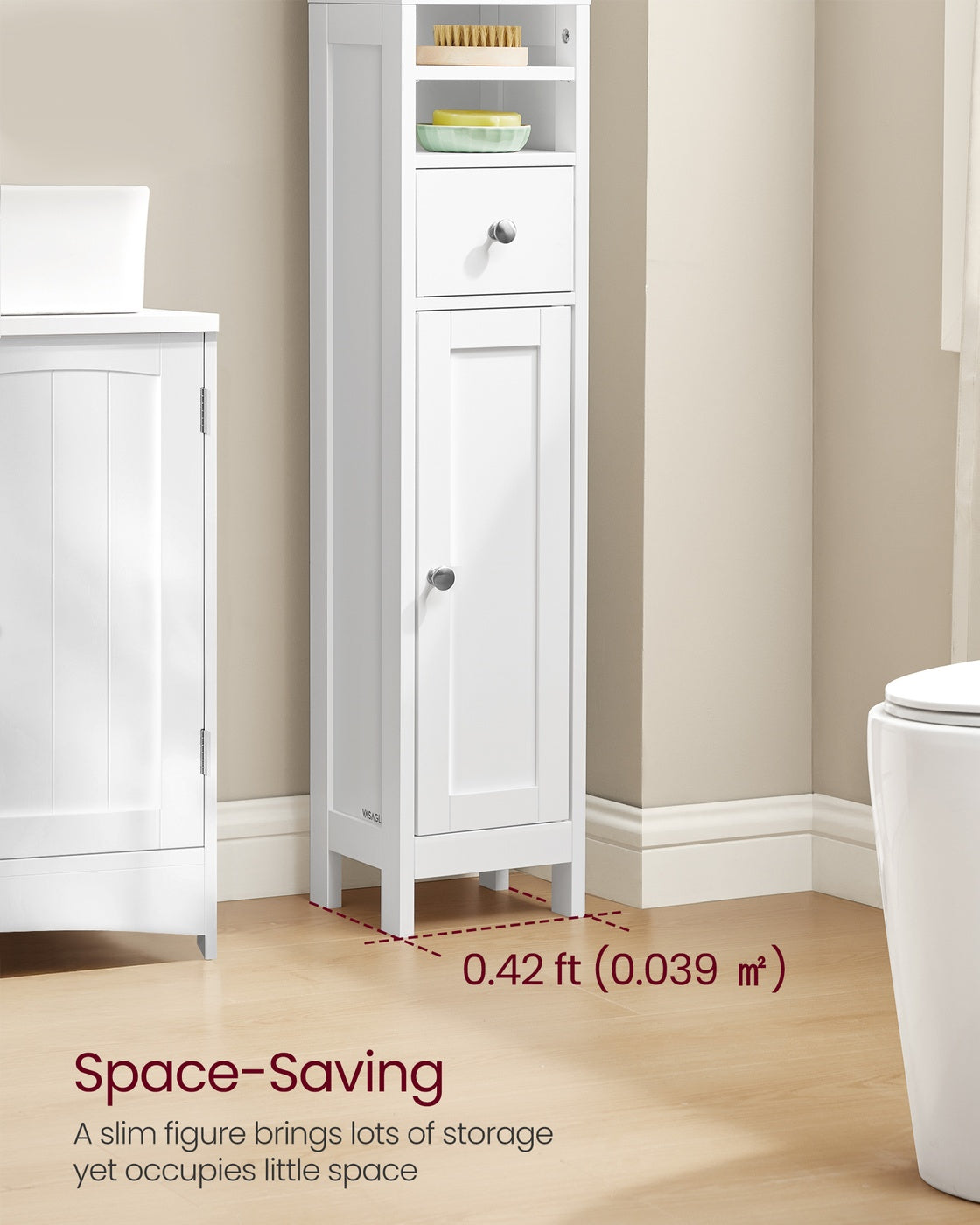 VASAGLE Tall Bathroom Cabinet, Slim Storage, Adjustable Shelves, Cloud White