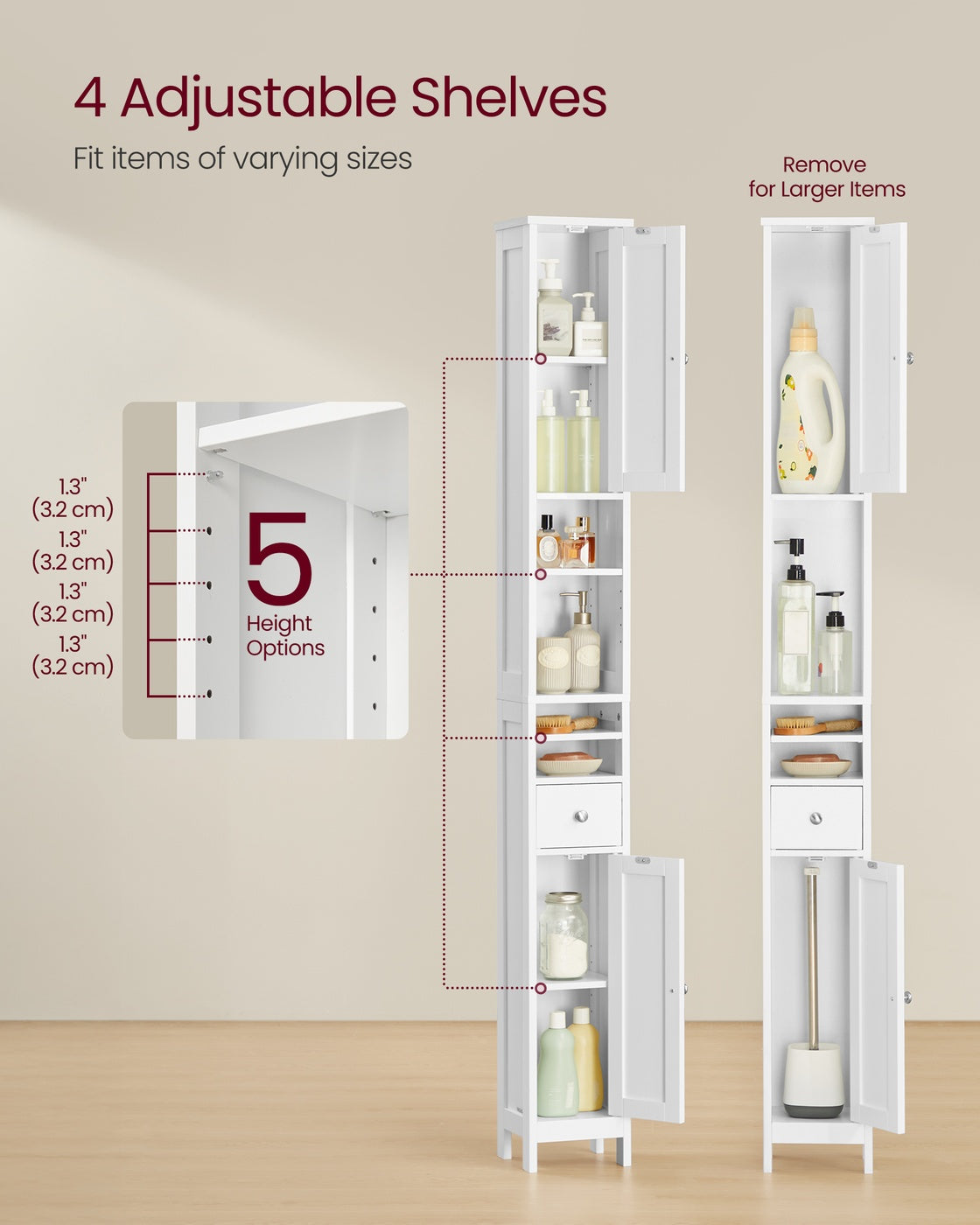 VASAGLE Tall Bathroom Cabinet, Slim Storage, Adjustable Shelves, Cloud White