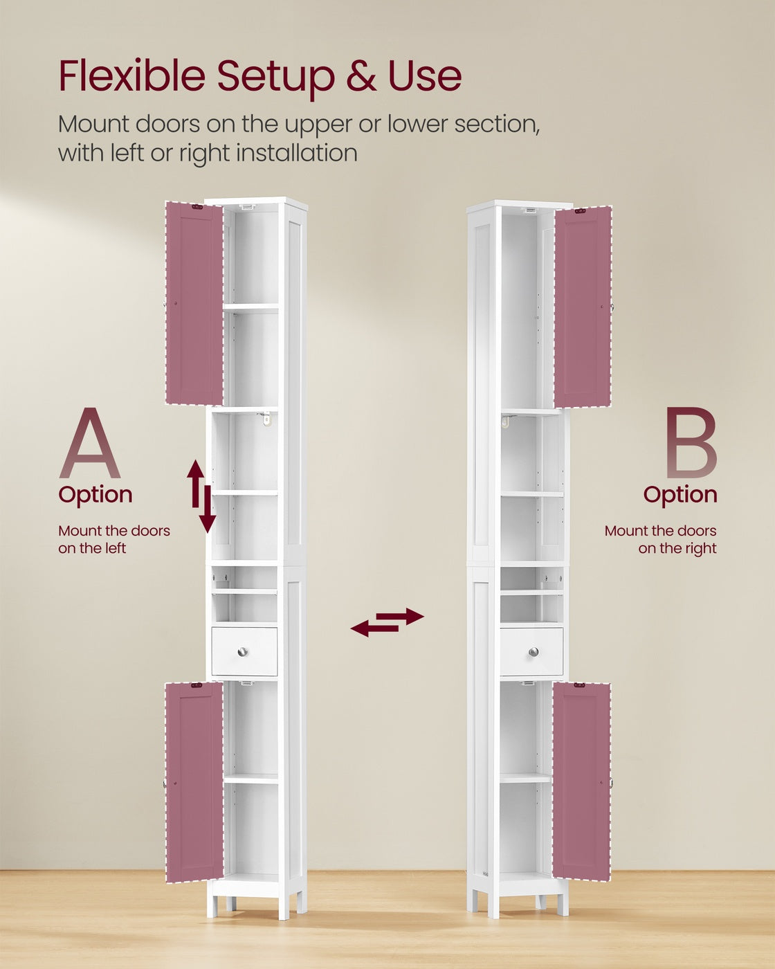 VASAGLE Tall Bathroom Cabinet, Slim Storage, Adjustable Shelves, Cloud White